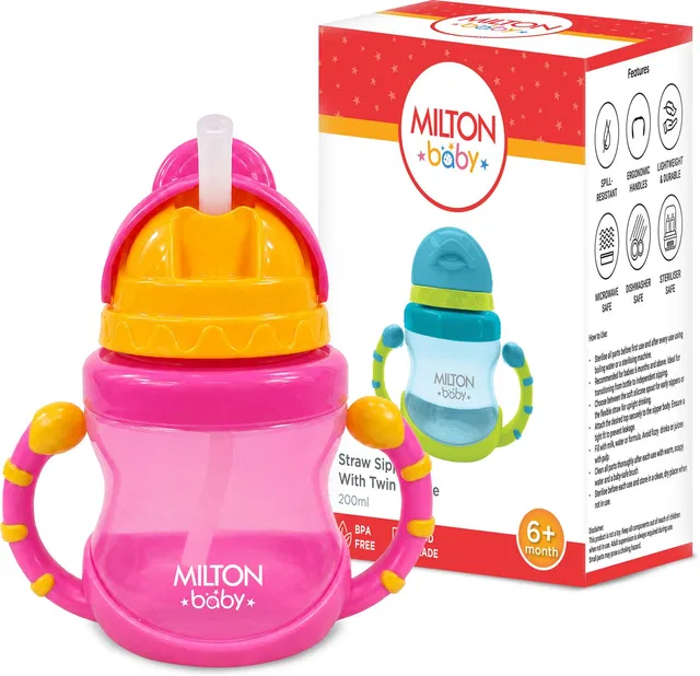 Milton Baby Straw Sipper Water Bottle with Twin Handle I BPA Free I 200 ml I Pink