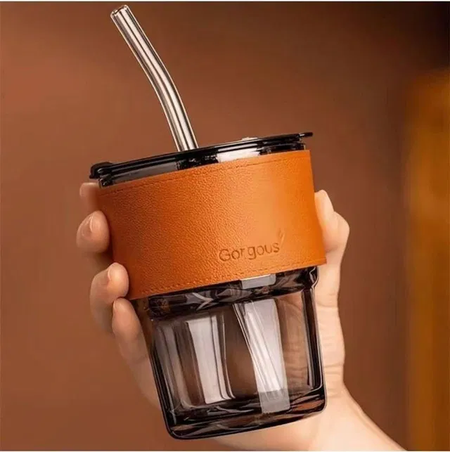 Habeeb Glass Sipper Tumbler Pack of 1, 435ml, Leather Grip with Lid and straw
