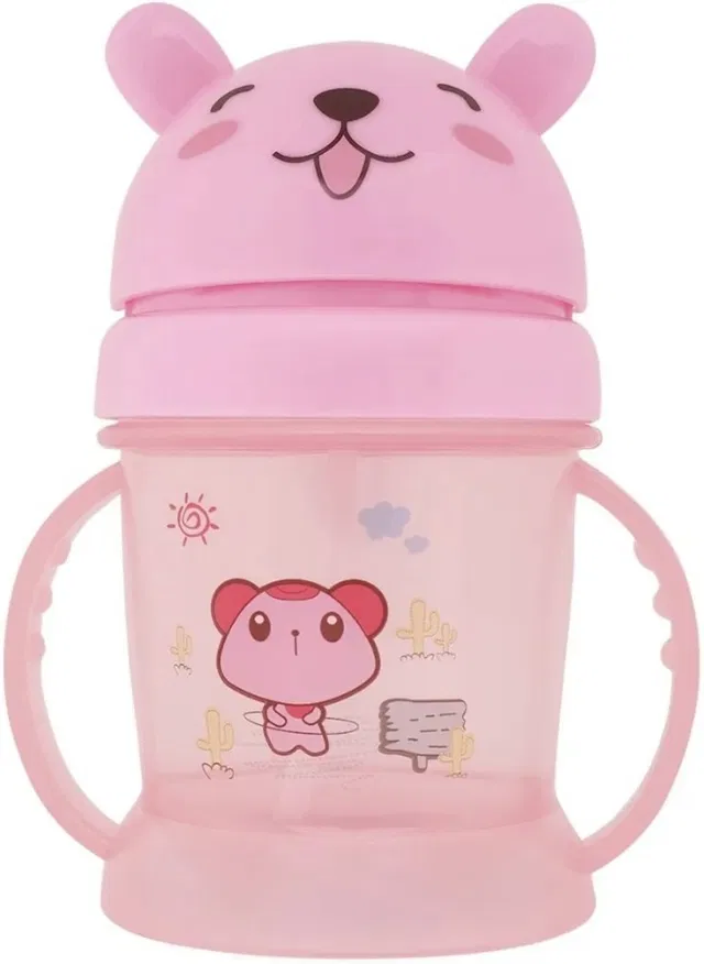 anuha Baby Cute Cat Sipper cup with Straw and Handle Pink - 300 ml