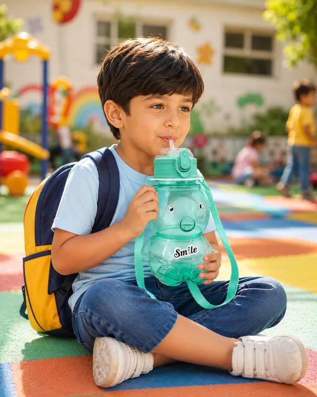 Lubin Bear Shape Kids Water Bottle with Straw, BPA Free Leak Proof, Carry Strap