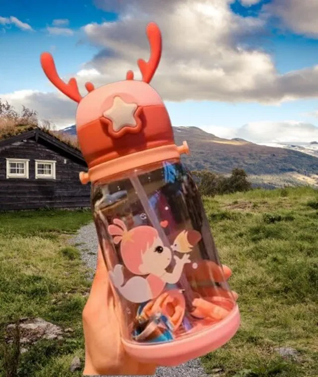 Vadhavan Cartoon Printed Deer Horn Sipper Water Bottle with Strap, Straw, Leakproof