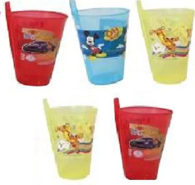 NIU Best Plastic Winnie Mickey, Disney Princess, car Glasses Sipper with Straw and lid, (Pack 5)