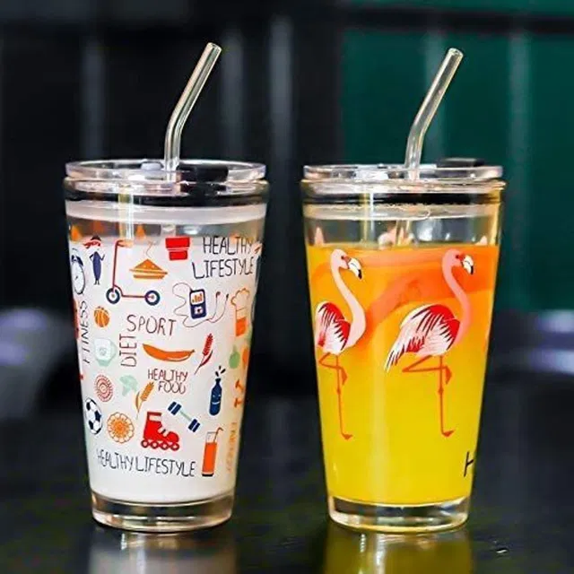 zelovi Glass Tumbler with Lid and Silicon Straw Coffee Mug