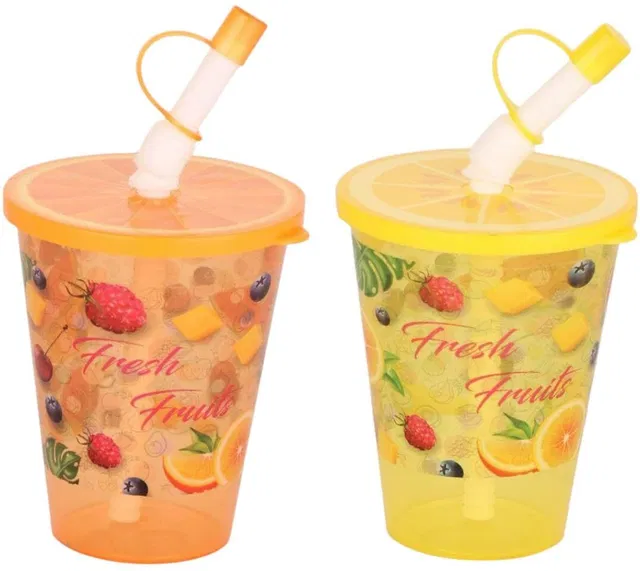 PuthaK 2pcs Fruit Print Sipper Cup with Straws (250 ml) Plastic Tumbler