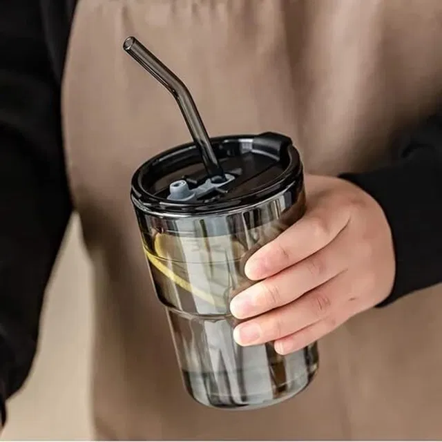 TRK IMPEX 400ML Black Leather Grip Coffee Cup Sipper Glass with Straw Mug