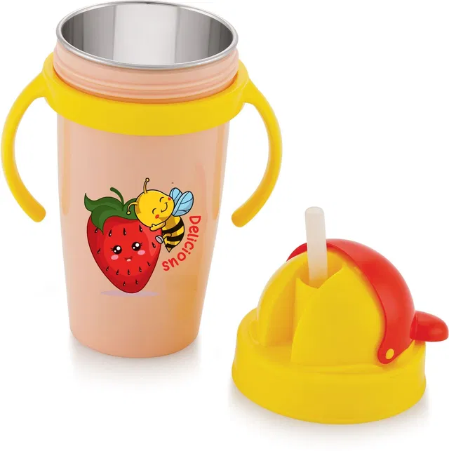 Zerya Inner Steel Cartoon Print Water Bottle With Straw 360 ML Sipper Bottle for Kids