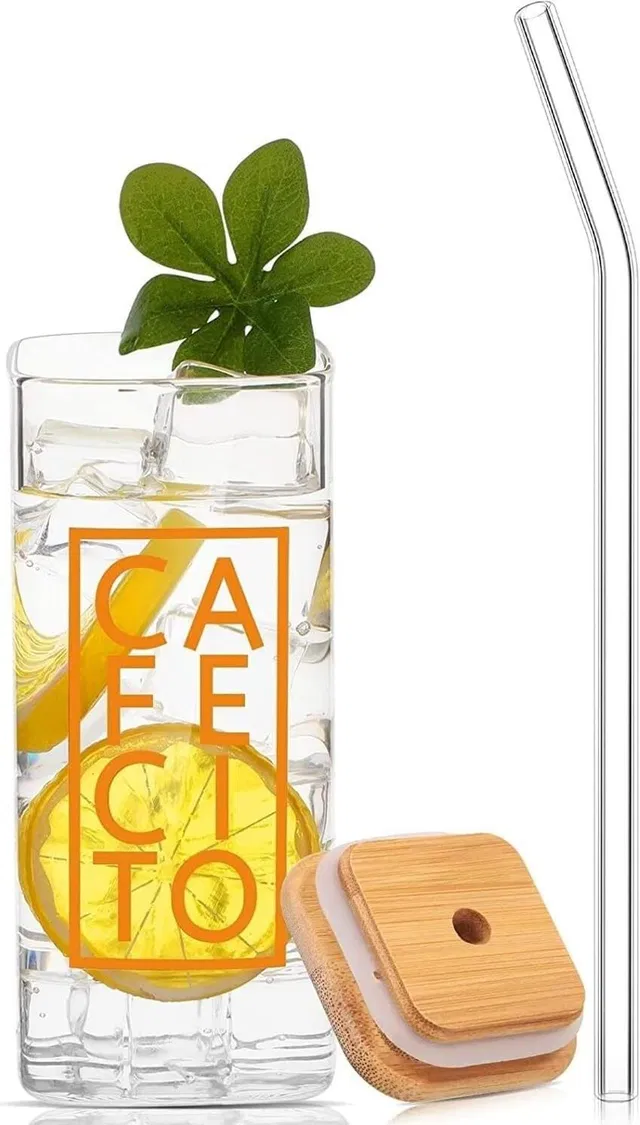 Takositio Square Glass, Sipper Mug with Airtight Wooden Lid & Glass Straw