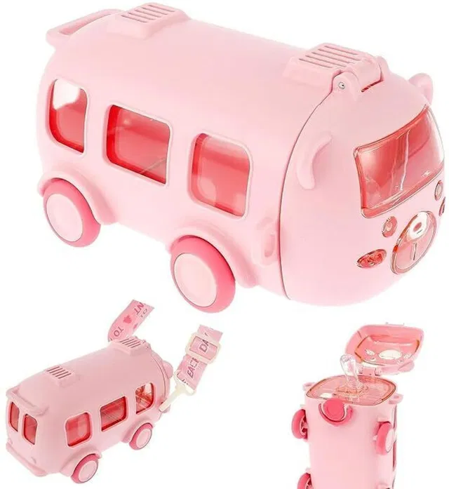 MICASHU Bus Shaped Moving Wheels Detachable Water Bottle with Straw & Strap