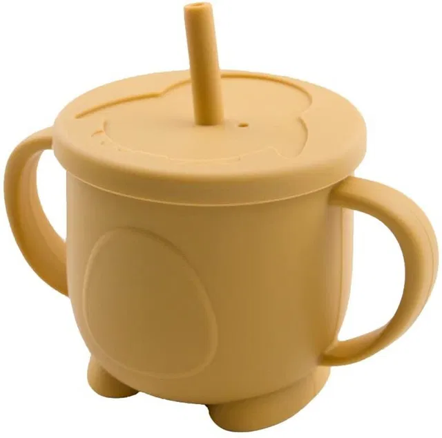 GUCHIGU Baby silicon cup with straw training system,100% BPA free Sippy Cup(Mustard)