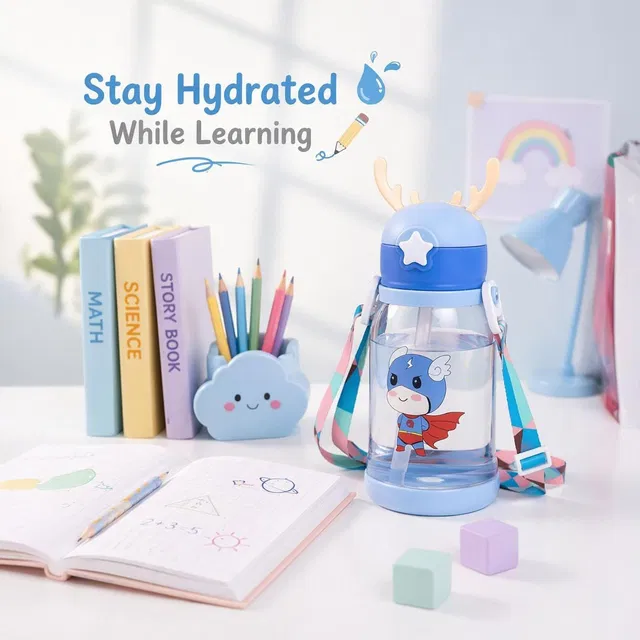 BEBZI Kids Drinking Bottle with Straw & Cute Design Blue 1pc