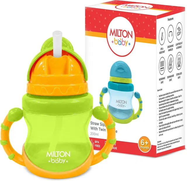 Milton Baby Straw Sipper Water Bottle with Twin Handle I BPA Free I 200 ml I Green