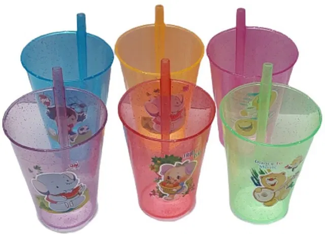 WiiBross 6 Pcs BPA Free Fun Cartoon Printed Bright Color Straw Cup Sipper Glass for Toddler, Kids, Boys/Girls (Multicolor)