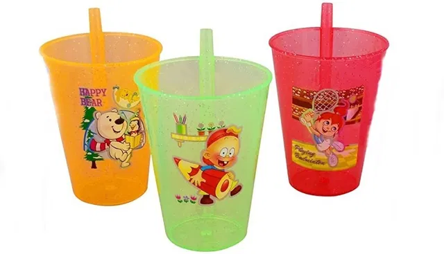 CRAZYGOL BPA Free Fun Cartoon Printed Bright Color Straw Cup Multicolor 3 pcs