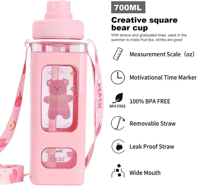 TRK IMPEX Water Bottle Cute Bottle with Straw Leak-proof And 3D Sticker with belt