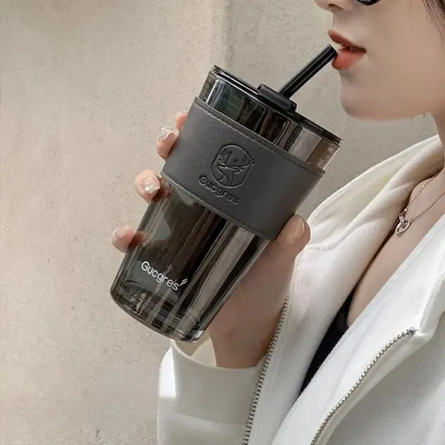 GARIHC ENTERPRISE Mug with Straw Reusable Glass Sipper Bottle Leather Sleeve