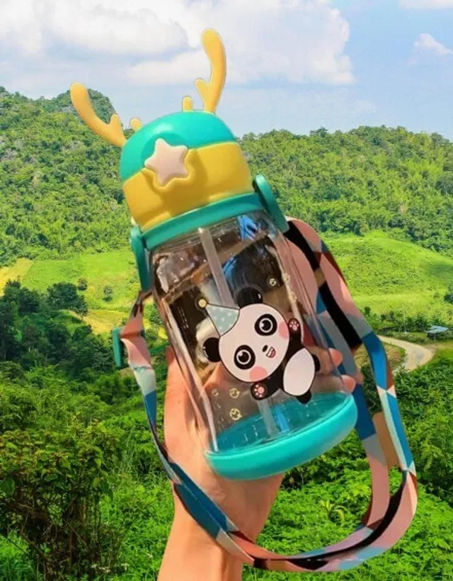 Vadhavan Horn Water Bottle for Kids – Push Button Sipper with Straw & Adjustable Strap