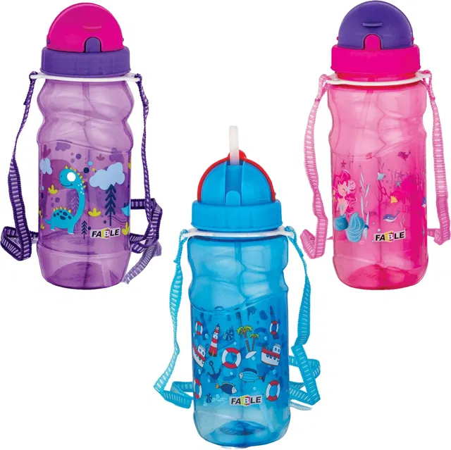 FABLE 3pc Cartoon Prints Transparent Sipper Bottle With Straw for School Kids 600ml
