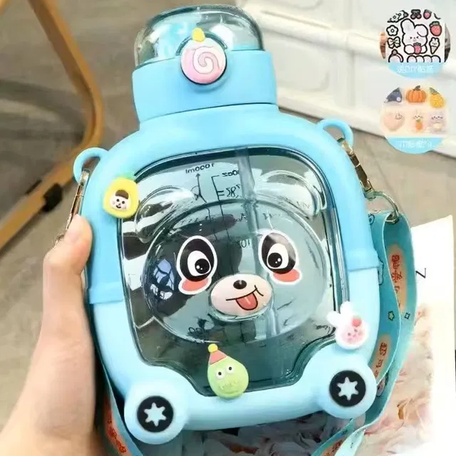 MHAX Large Capacity-Cartoon Bear Double Straw Water Bottle with Bouncing Cover Straw