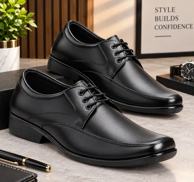 FOUSS Black Faux Leather Formal Shoes For Men With Antiskid TPR Sole Corporate Casuals For Men