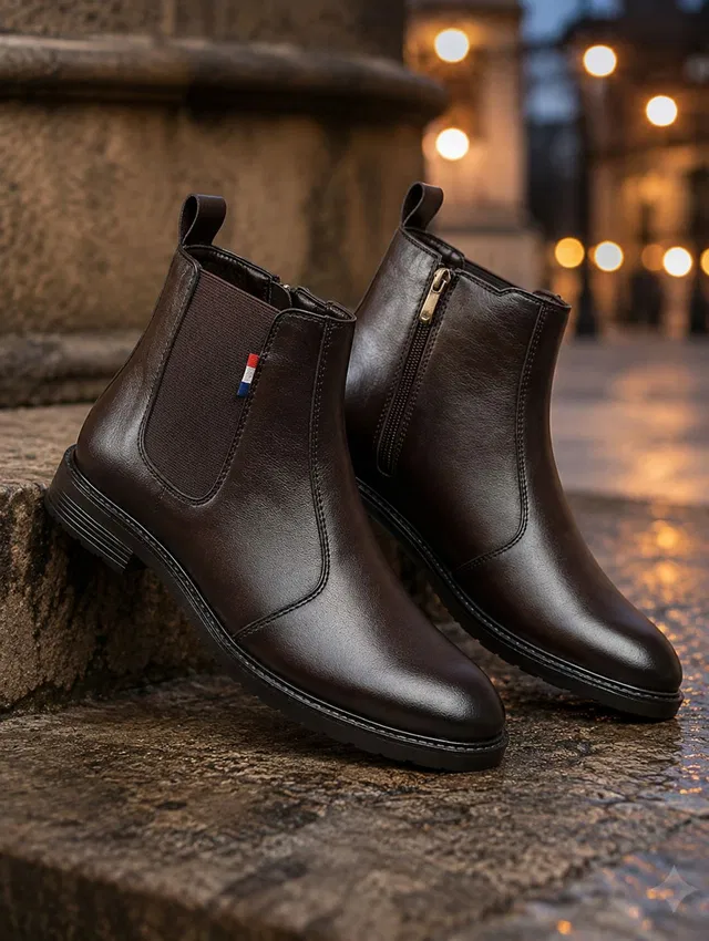 LIGERONATION Classic Pointed Leather Men Zip Lock Boots Boots For Men