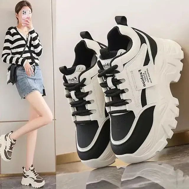 Pharaoh Black White Chunky Platform Sneakers Casual Lace-Up Stylish Shoes Sneakers For Women