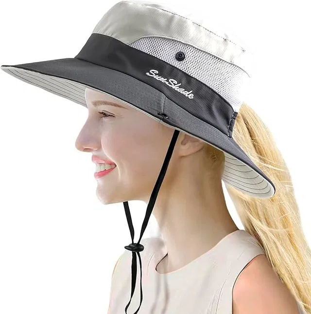 AlexVyan Sunshade Round Crown Hat Sun Visor Hats for Women Wide Brim Summer Ponytail Cap