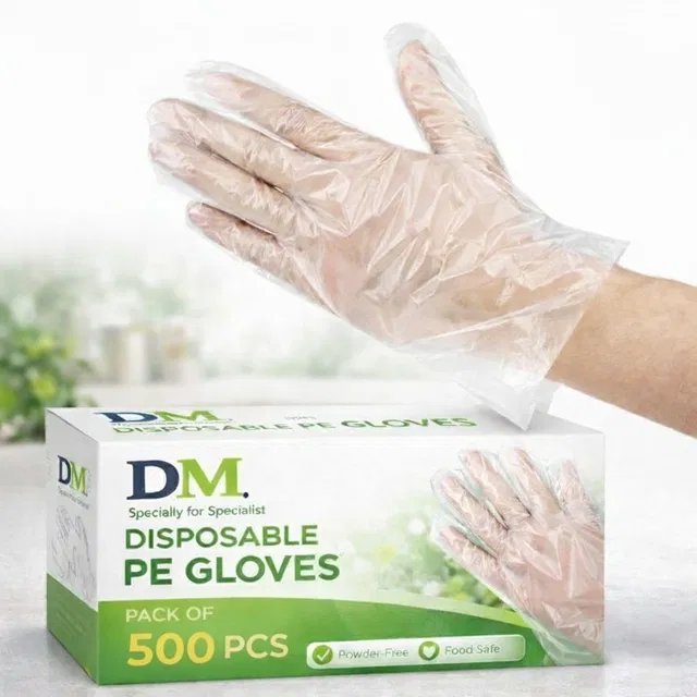 DM India Disposable PE Gloves Transparent Food Safe Plastic Hand Gloves Polyisoprene Examination Gloves