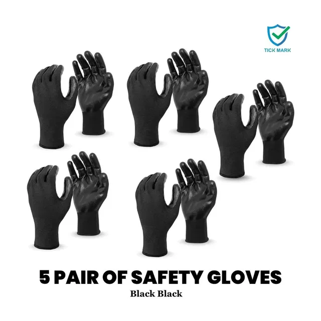 tick mark 5Pair Black Safety Anti Cut Hand Gloves Reusable,Heavy Duty for Men & Women Nylon  Safety Gloves