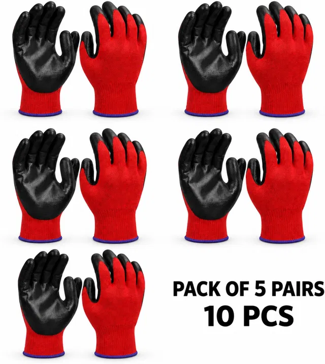 Axisgrip Red Black 5 Pair Nylon Safety gloves Nylon  Safety Gloves