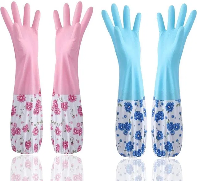 krenz Reusable Rubber Latex PVC Flock lined Hand Gloves For Kitchen Long Sleeves Wet and Dry Glove Set