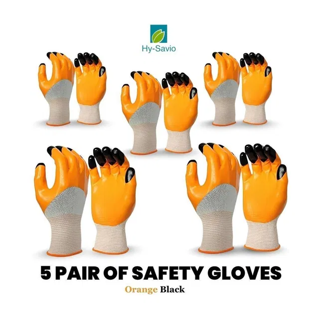 Hy-savio 5Pair Ornage Black Nylon Hand Safety Glove Work For Industrail Contraction Nylon, Nitrile  Safety Gloves