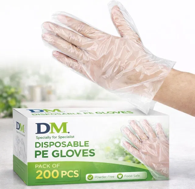 DM India Disposable PE Gloves Transparent Food Safe Plastic Hand Gloves Polyisoprene Examination Gloves