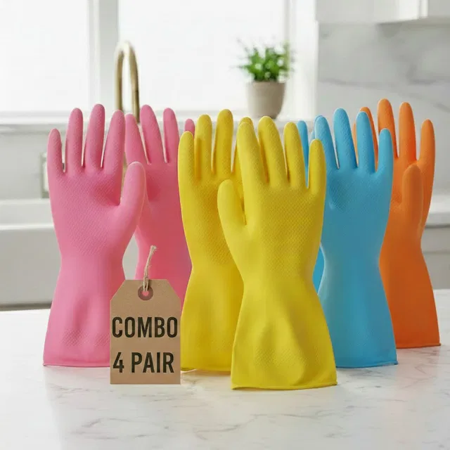 Axisgrip 4PAIR Combo Rubber Hand Safety Gloves for Kitchen,Cleaning & Household Wet and Dry Glove Set