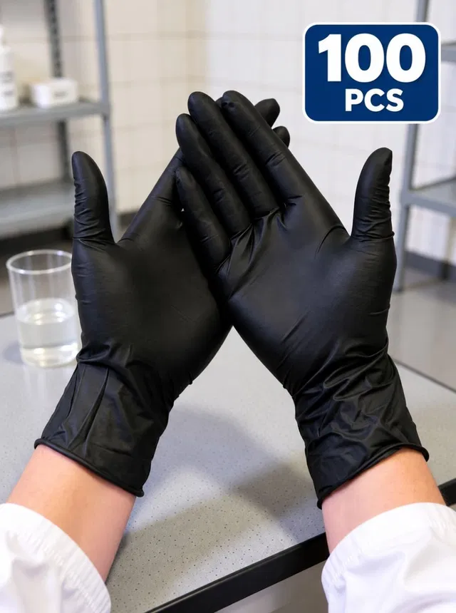 éssen Vinyl Blended Black Gloves | Lab, Saloon , Restaurant |Size : Medium Wet and Dry Disposable Glove Set