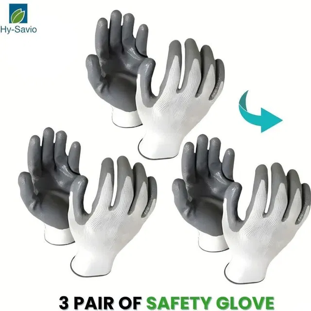 Hy-savio 3Pair PU Coated Nylon Safety Gloves | White Grey Reusable Work Hand Protection Nylon  Safety Gloves