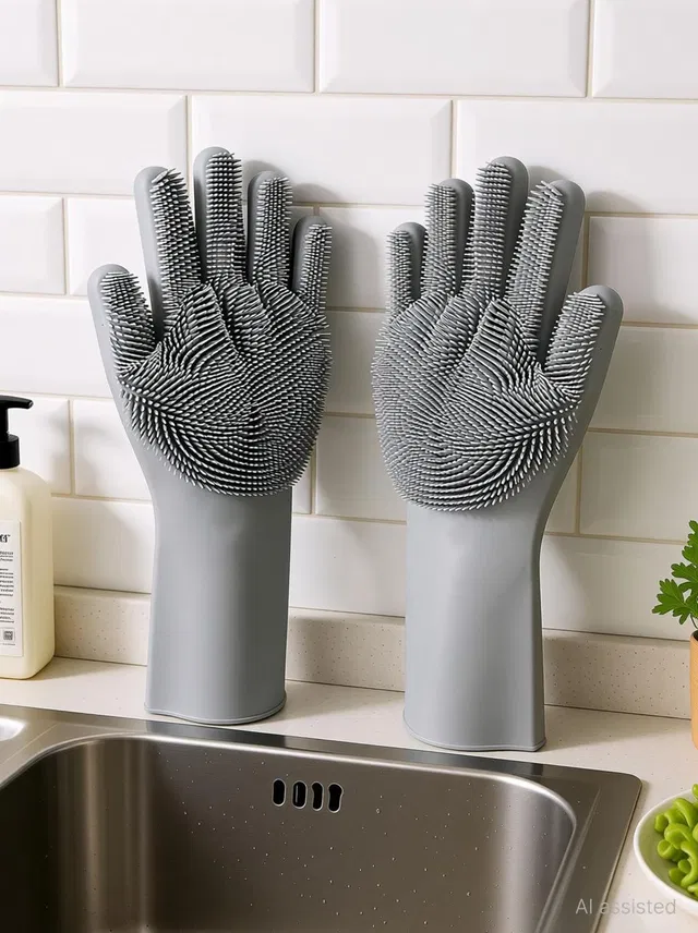 Nea Dishwashing Gloves with Wash Scrubber + Magic Silicone Gloves + Heat Resistant + Reusable Cleaning Gloves for Kitchen,Car, Bathroom and Pet -(Grey, 1 Pair) Wet and Dry Glove Set