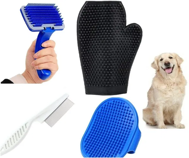 PSK PET MART Buffalo Gloves+Slikcer+Flea Comb+Shampoo bruhs+ Set for All breeds Grooming Gloves for Dog & Cat