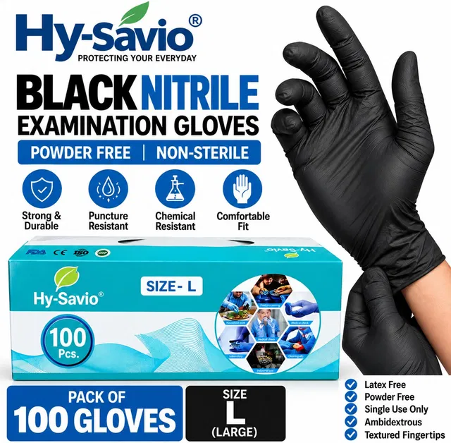 Hysavio 100PC Powder Latex-Free Black Gloves for Healthcare, Laboratory & Industrial Use Nitrile Examination Gloves
