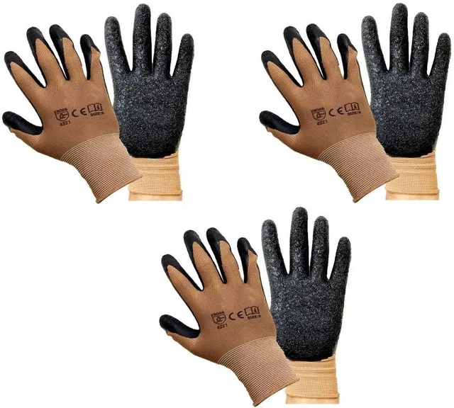 Crewbolt Hand Safety Anti Slip Latex Coated Nylon Garden 3 PAIR Brown Gloves Gardening Shoulder Glove