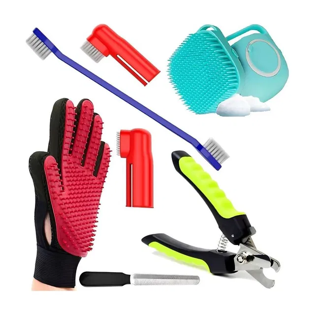 Petfun Grooming Kit | Nail Clipper,Glove, Shampoo Brush, Double-Headed Toothbrush Grooming Gloves for Dog & Cat, Dog, Cat, Rabbit