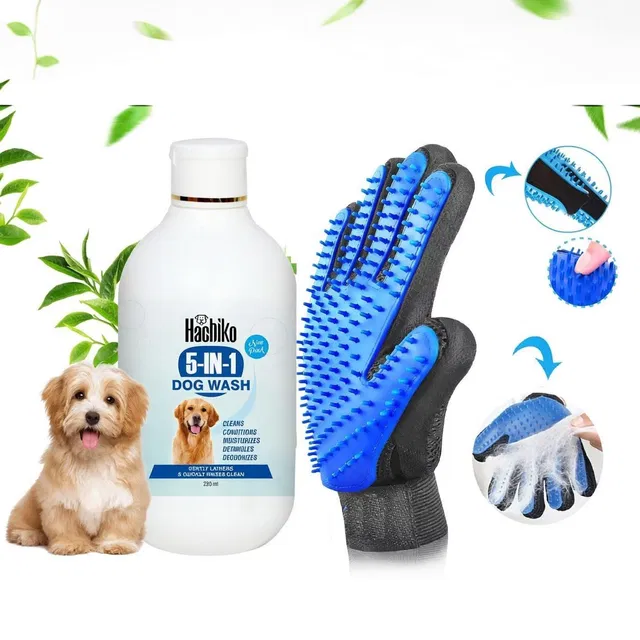 Hachiko (Combo of 2) 5IN1 Shampoo Plus Conditioner + Gloves,Natural Dog Shampoo Allergy Relief, Anti-dandruff, Anti-fungal, Anti-microbial Artificial Fragrance Free Dog Shampoo