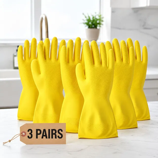 7SHIELD 3 Pair Yellow Rubber Safety Hand Gloves For Chemical, Electrical , Gardening Rubber  Safety Gloves