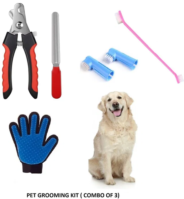 Hachiko High Quality Multi Ultra Dog Grooming Gloves +Nail Clipper +Teeth Brush Cleaning Animal Massage Hair Removal Dog Grooming True Touch Shedding Brush Bath Gloves for Pet (Combo of 3) Fits All Grooming Gloves for Dog, Cat, Hamster