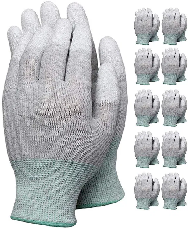 ESD Pack of 10 Pairs Anti Static Gloves Carbon Fiber PU Fingertip Coated Nylon  Safety Gloves