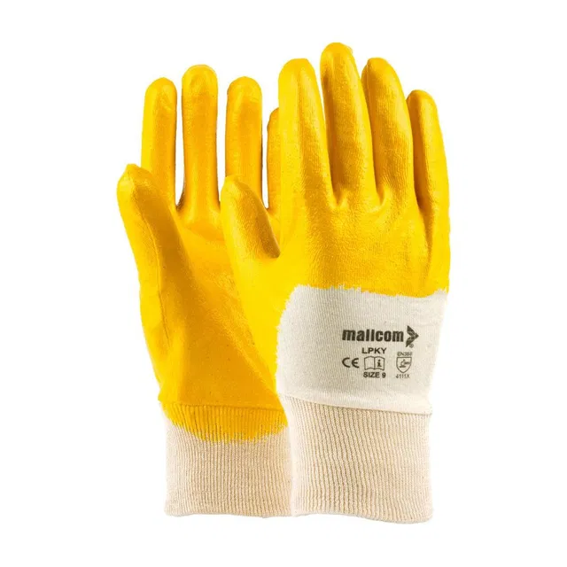 Mallcom LPKY Yellow 165 GSM Cotton Interlock Cut N Stitch Lite Coated Smooth Finish (Pack of 4) Nitrile  Safety Gloves