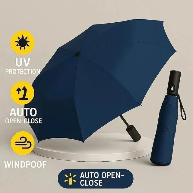 velnix UV & Rain Protection Blue Umbrella | 3 Fold Automatic Open Close Umbrella