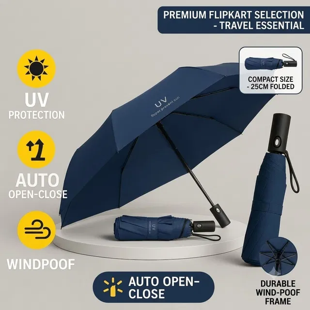 KRENTERPRISEKR Blue Automatic UV Protection Umbrella for Sun & Rain 3 Fold Umbrella