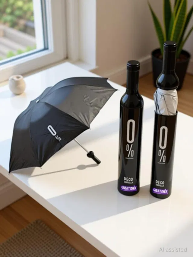 GREATONIX Deco Wine Bottle Folding Umbrella With Bottle Cover (Black) Umbrella