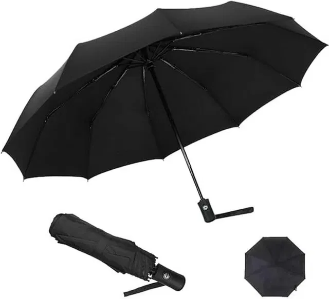 ECOMZIO 3 Fold Auto Open Close Compact Foldable Umbrella with Wooden Handle for Rain,Sun Umbrella