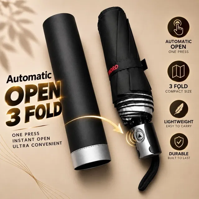 BGAUTO Black Guard Automatic Open 3 Fold Umbrella with Cover Sun & Rain Protection Umbrella